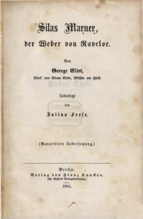Silas Marner, der Weber von Raveloe : Uebersetzt von Julius Frese