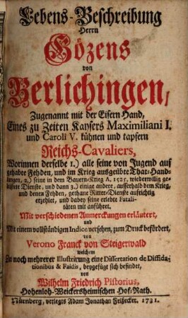 Lebens-Beschreibung Herrn Gözens von Berlichingen von ihm selbst geschrieben