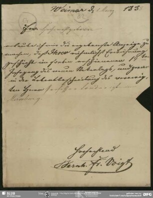 Eigenh. Brief von Bernhard Friedrich Voigt an August Wilhelm von Schlegel, Weimar, 01.03.1838