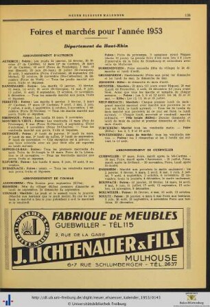 Foires et marchés pour l'année 1953.