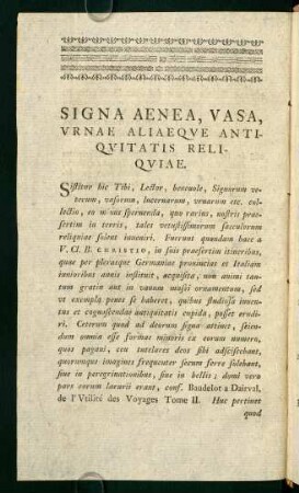 Signa Aenea, Uasa, Urnae Aliaeque...