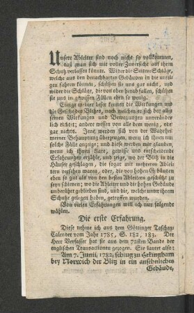 [Eine Unvollkommenheit der Blitz-Ableiter, nebst ihrer Verbesserung.]
