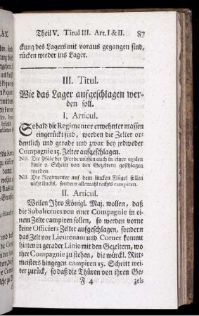 III. Titul. Wie das Lager aufgeschlagen werden soll.