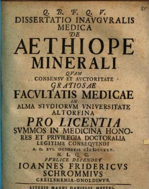 Dissertatio Inavgvralis Medica De Aethiope Minerali
