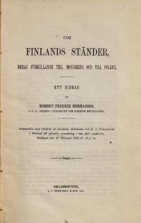 Om Finlands ständer, deras förhållande till monarken och till folket