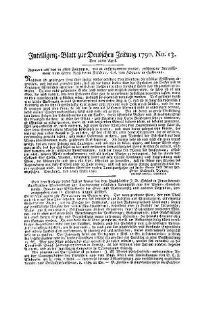 Intelligenz-Blatt zur Deutschen Zeitung 1790. No. 13