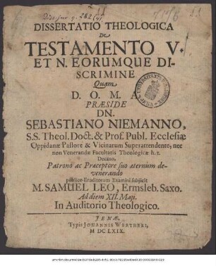 Dissertatio Theologica De Testamento V. Et N. Eorumque Discrimine