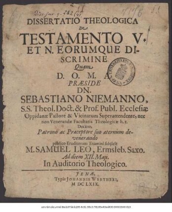 Dissertatio Theologica De Testamento V. Et N. Eorumque Discrimine