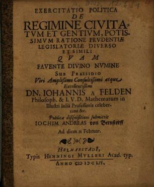 Exercitatio Politica De Regimine Civitatum Et Gentium, Potissimum Ratione Prudentiae Legislatoriae Diverso Et Simili
