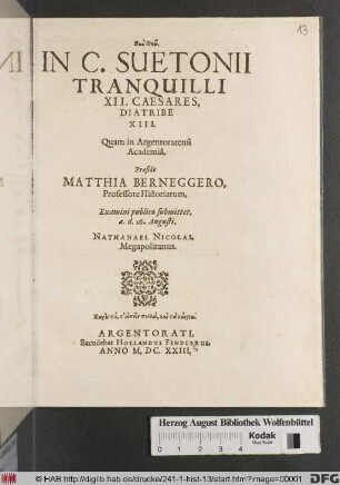 In C. Suetonii Tranquilli XII. Caesares, Diatribe XIII.