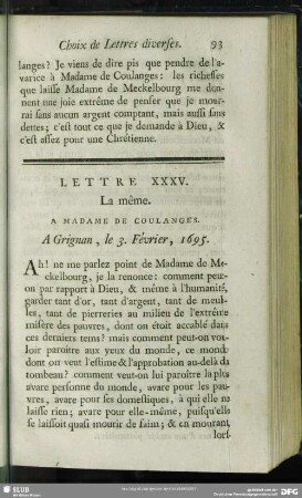 Lettre XXXV. La même. A Madame De Coulanges. A Grignan, le 3. Février, 1695