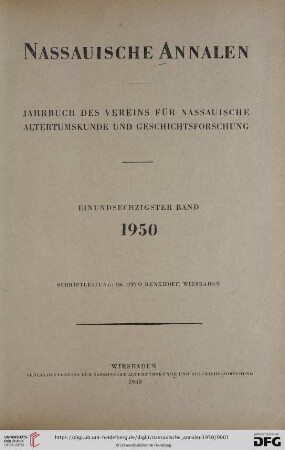 61: Nassauische Annalen: Jahrbuch des Vereins für Nassauische Altertumskunde und Geschichtsforschung
