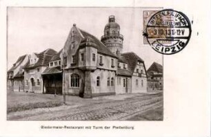 Biedermeier-Restaurant mit Turm der Pleißenburg [Intern. Baufachausstellung mit Sonderausstellung Leipizg 1913 : Offizielle Postkarte]