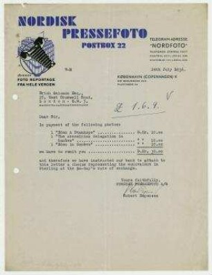 Brief von Nordisk Pressefoto, Kopenhagen an Erich Salomon