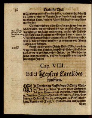 Cap. VIII. Edict Keysers Caroli des fünfften.