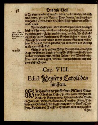 Cap. VIII. Edict Keysers Caroli des fünfften.