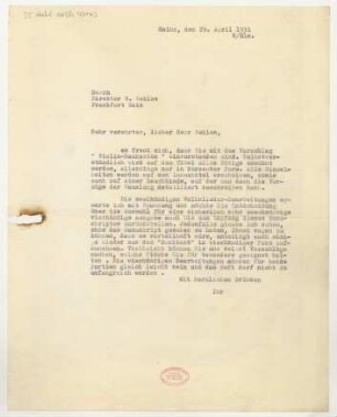 Brief an Bernhard Sekles : 29.04.1931