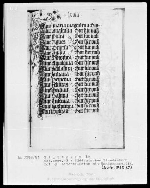 Deutsches Gebetbuch (Waldburg-Gebetbuch) — Litaneiseite mit Initiälchen S mit Randornamentik, Folio 69recto