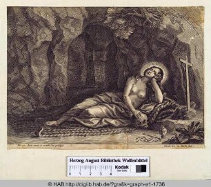 Die Heilige Maria Magdalena mit entblößtem Oberkörper, vor einem Höhleneingang liegend.