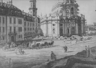 Dresden vom linken Elbufer oberhalb des Altstädter Brückenkopfes : Bernardo Bellotto: Dresden vom linken Elbufer oberhalb des Altstädter Brückenkopfes. Detail: Schloßplatz. Öl/Lw, 1748. Gemäldegalerie Alte Meister, Dresden