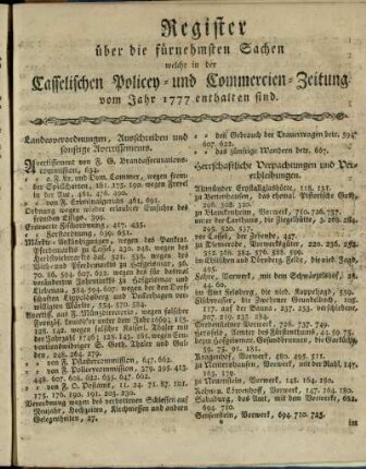 Register ueber die fuernehmsten Sachen welche in der Casselischen Policey- und Commercien-Zeitung vom Jahr 1777 enthalten sind