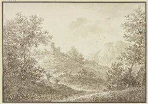 Waldausgang mit Blick auf einen Hügel mit einer Ruine, im Vordergrund drei Figuren und rechts ein Bauernhof.