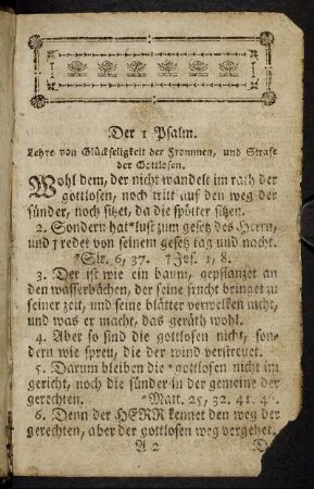 Der 1. Psalm. Lehre von Glückseligkeit der Frommen, und Strafe der Gottlosen. - Der 20. Psalm. Glückwunsch der Kirche Christi.