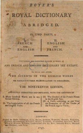 The royal dictionary abridged : In 2 parts ; 1. French and English ; 2. English and French