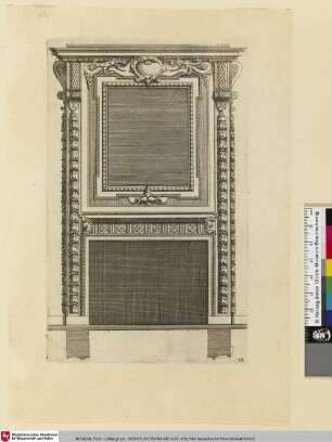 Diverses Inventions nouvelles pour des Cheminées, Bl. 12 [Kamin mit leerem Rechteckfeld und Lobeergirlanden sowie Grundrissausschnitt. (Wilke 2016)]