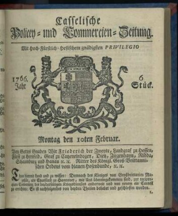 6. Stueck, Montag den 10ten Februar 1766