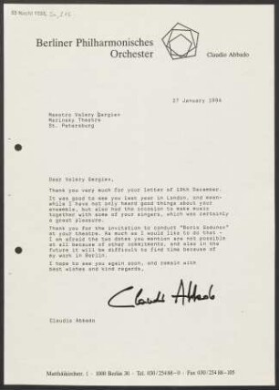 Brief an Valerij Abisalovič Gergiev an Mariinskij Teatr (Sankt-Peterburg), 27.01.1994