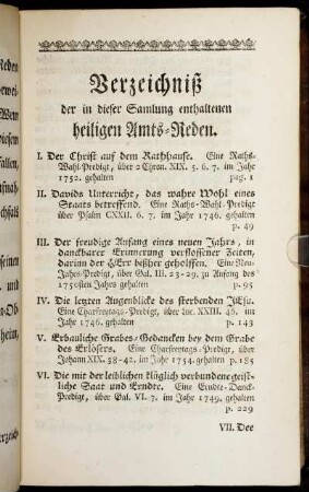 Verzeichniß der in dieser Samlung enthaltenen heiligen Amts-Reden.
