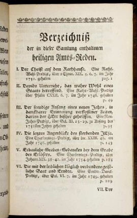 Verzeichniß der in dieser Samlung enthaltenen heiligen Amts-Reden.