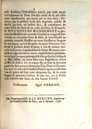 Arrest Du Grand Conseil Du Roy : Du 14 Février 1756