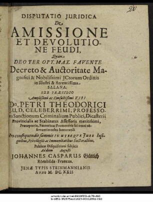 Disputatio Iuridica De Amissione Et Devolutione Feudi