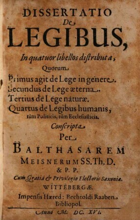 Dissertatio de legibus : in quatuor libellos distributa ...