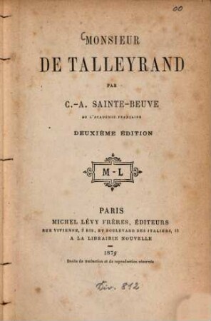 Monsieur de Talleyrand : (Charles-Maurice de) Par C.-A. Sainte-Beuve