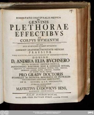Dissertatio Inavgvralis Medica De Genvinis Plethorae Effectibvs In Corpvs Hvmanvm