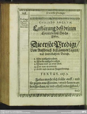 [Die erste Predigt, uber das dritte Cap. Josuae]. Erklärung desz dritten Capitels des Buchs Josuae. Die erste Predigt, Vom Auffbruch deß gantzen Lagers, und sonderbahren Bericht