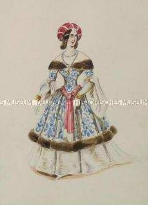 Frau im pelzbesetzten Kleid mit rotem Turban - Tafel aus Franceschini/Kostümbilder (Kassette 1)