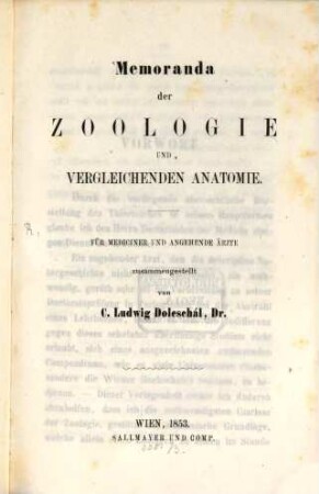 Memoranda der Zoologie und vergleichenden Anatomie
