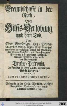 Freundschafft in der Noth, Oder Hilffs-Verlobung nach dem Tod