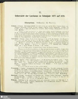II. Uebersicht der Lectionen im Schuljahr 1877 auf 1878