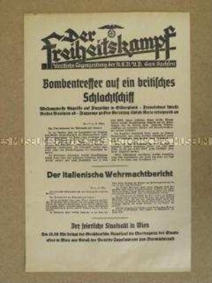 Nachrichtenblatt der Tageszeitung der NSDAP Sachsen "Der Freiheitskampf" über deutschen Bombenangriff in Südengland