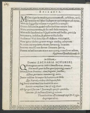 In Obitum. Domini Zachariae Schureri.