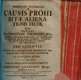 Dissertatio Inauguralis De Causis Prohibitae Alienationis Feudi