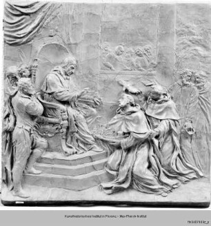 Der selige Ambrosio Sansedoni mit dem Modell der Stadt Siena vor dem Papst - Il Sommo Pontefice e il Beato Ambrogio Sansedoni inginocchioni che gli presenta un città