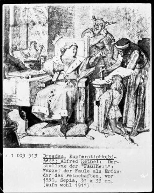 Allegorische Darstellungen der "Faulheit" und der "Verwunderung" — Darstellung der "Faulheit" (Wenzel der Faule als Erfinder des Petschaftes)