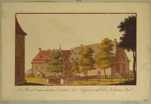 Gebäudegruppe aus Kommandanenhaus, Torhaus und neuem Zeughaus auf der Festung Königstein in der Sächsischen Schweiz von Südosten, aus einer Serie nach Engelbrechts Prospekten der Festung Königstein 1735 von Pinz