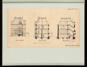 Ländliches Wohnhaus, Berlin-Lichterfelde Monatskonkurrenz April 1881: Aufriss Seitenansicht, Längsschnitt, Querschnitt; Maßstabsleiste